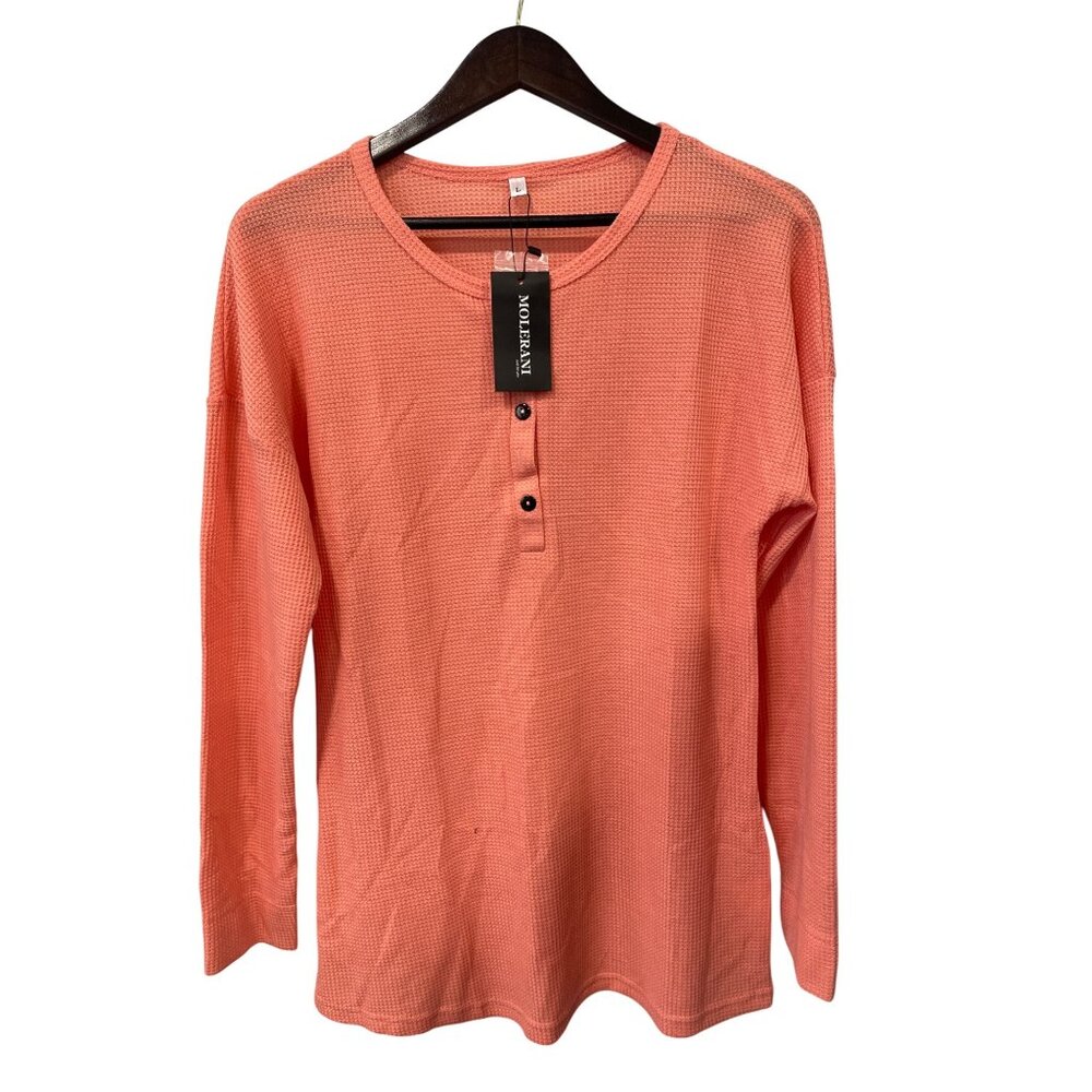 Molerani Waffle Knit Henley Top Size Large Thermal Long Sleeve Coral Orange NEW
